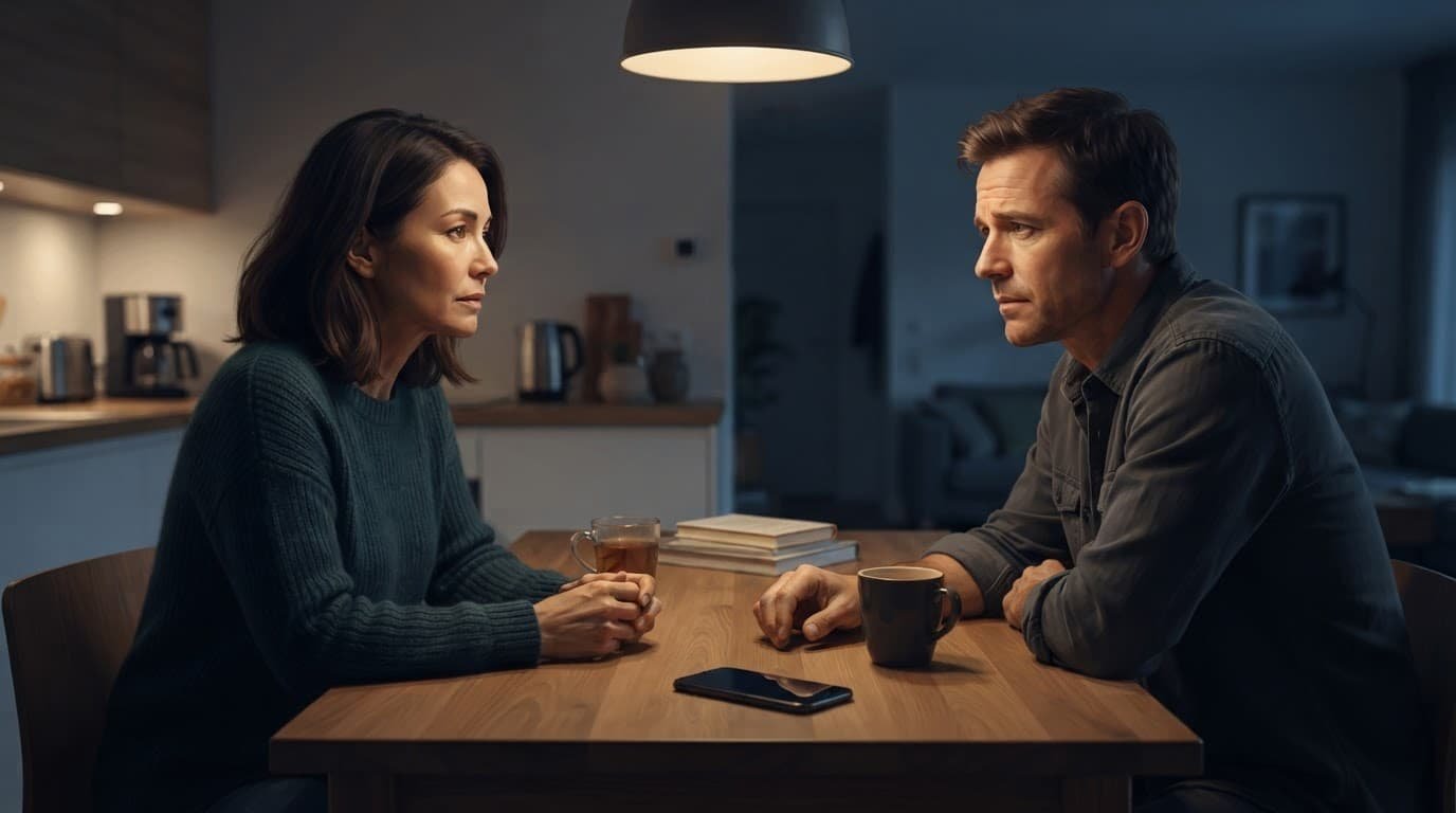 A concerned woman and man sit apart at a kitchen table with a phone nearby.