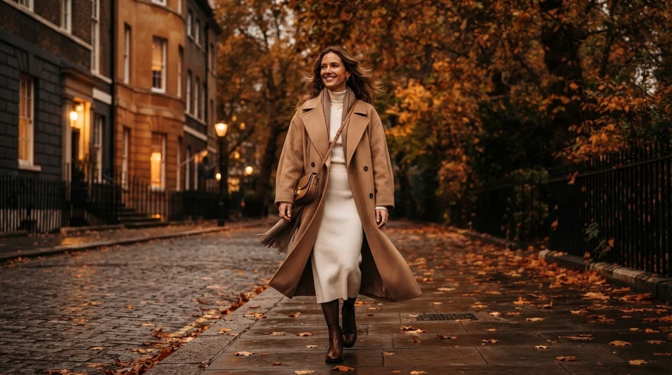 Woman in a camel coat and ivory knit outfit on a leafy autumn sidewalk.