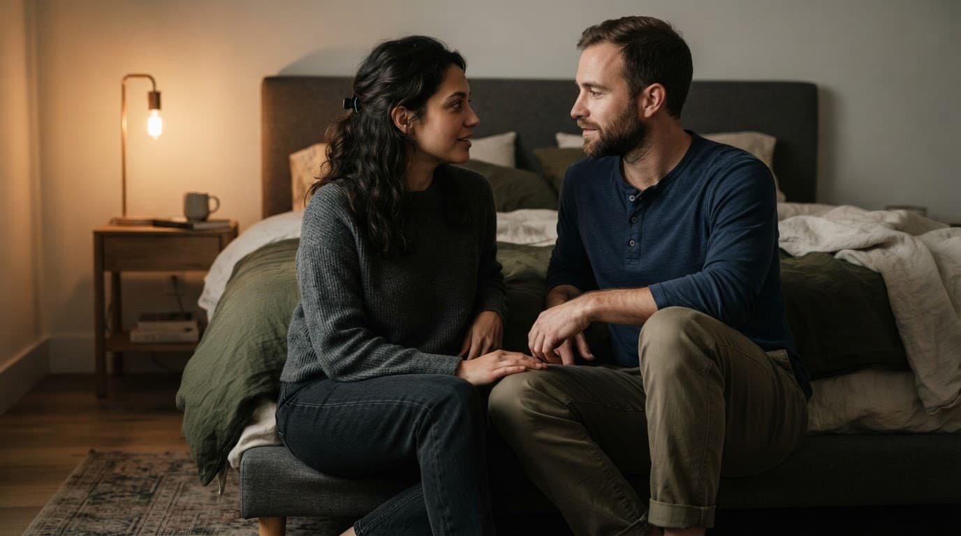 A couple sits close on a bed, talking calmly in warm bedroom light.