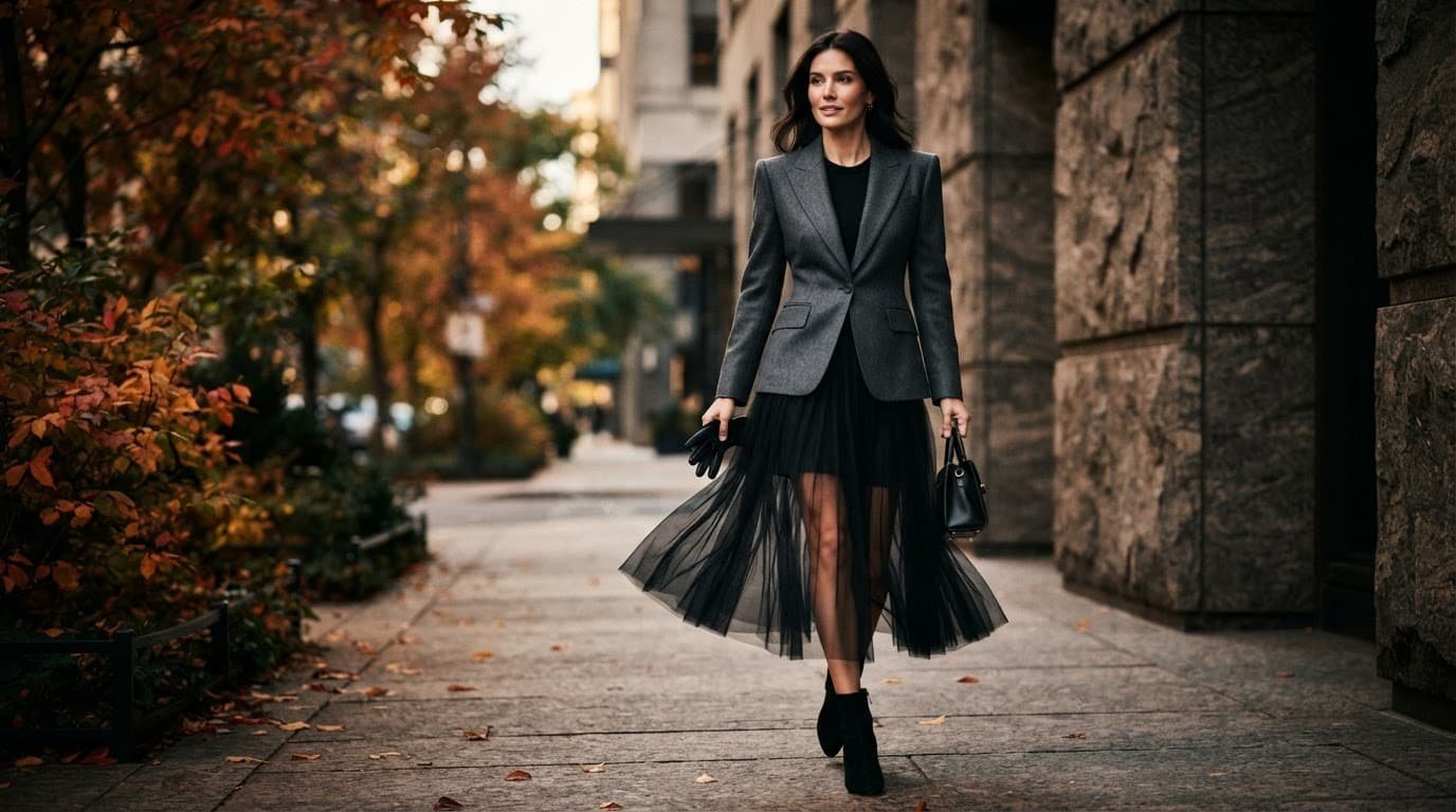 Woman in a charcoal blazer and sheer skirt on a leafy city sidewalk.