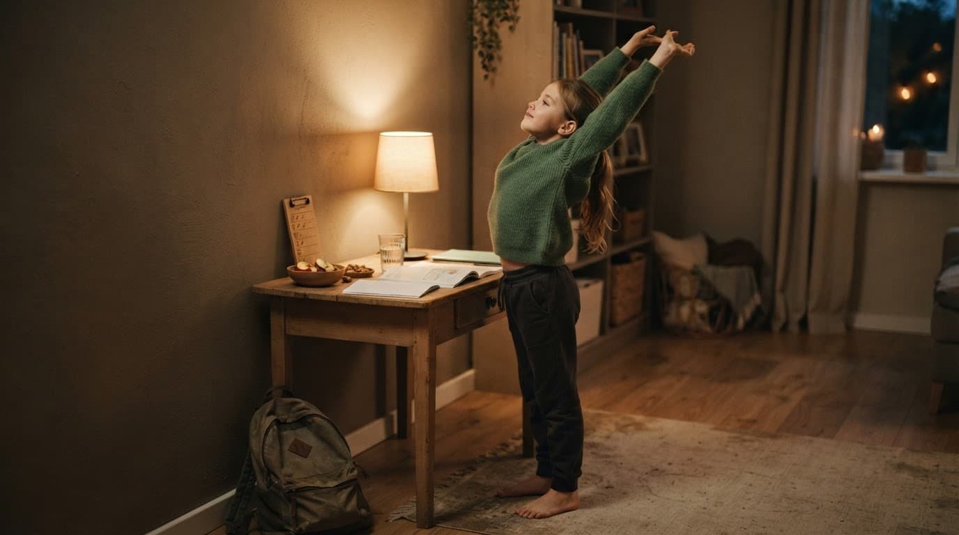 A child stretches beside a homework desk with a backpack, water, snack, and checklist.