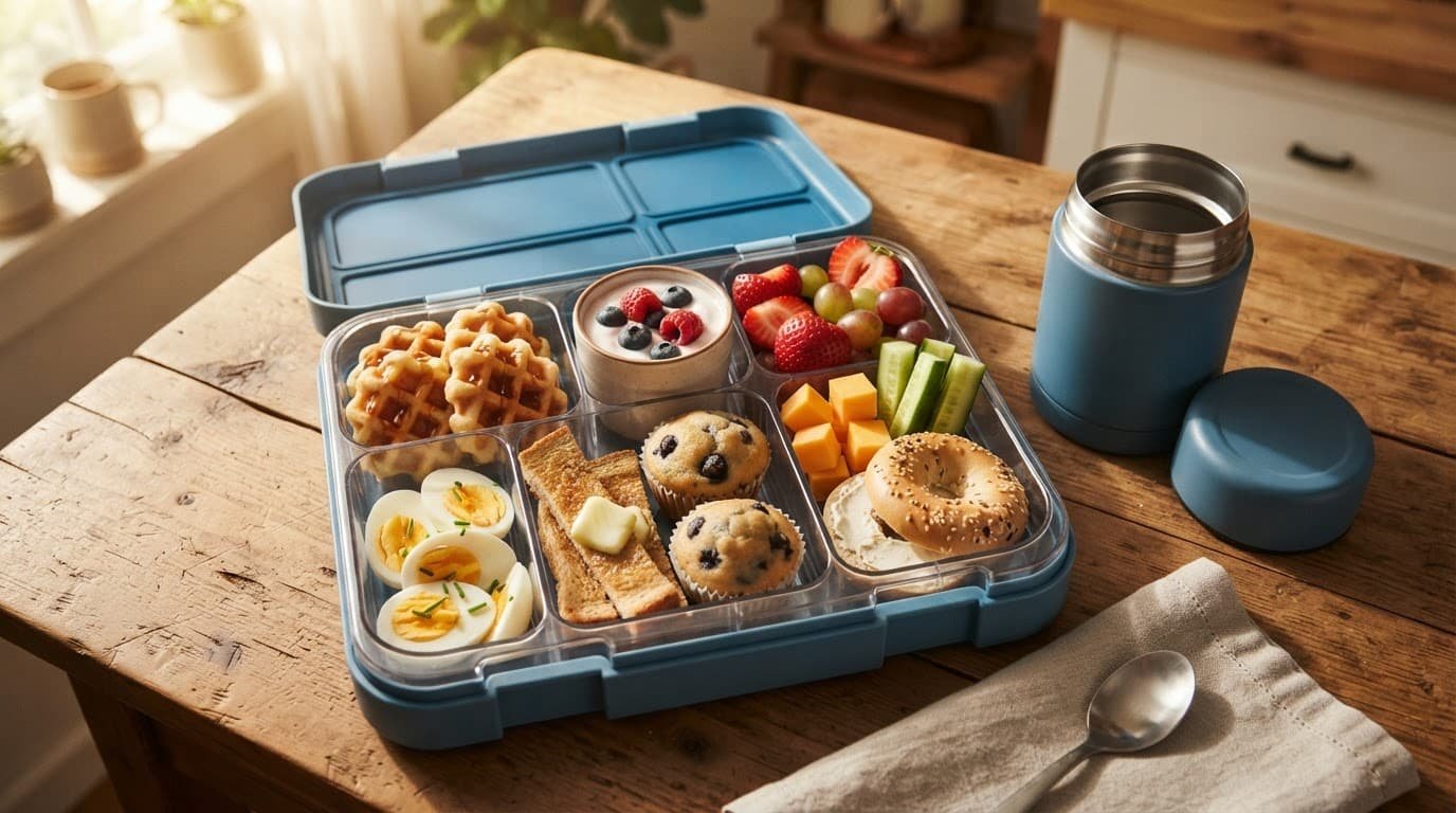 Open children’s lunch box with waffles, fruit, yogurt, and a thermos on a kitchen table.