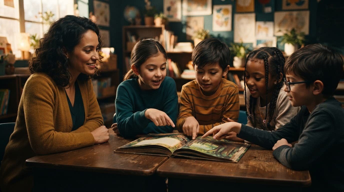 A teacher and four children discuss an open book at a classroom table.