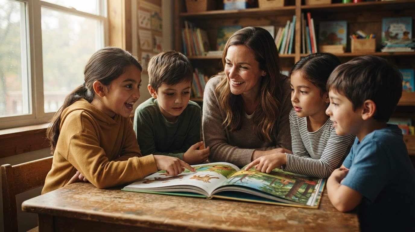 A teacher and four children discuss pictures in an open book.