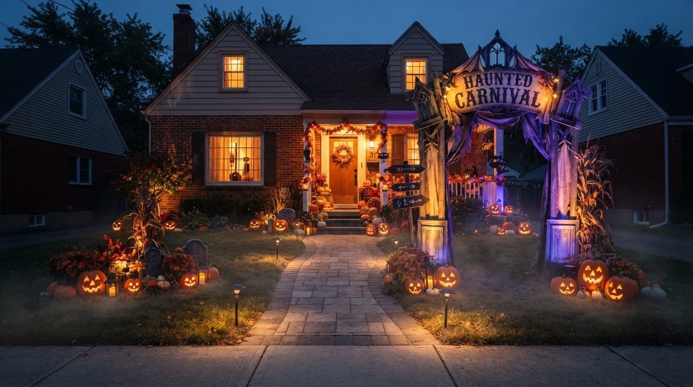 A spooky suburban house with pumpkins and colorful lights lining the walkway to the front door.