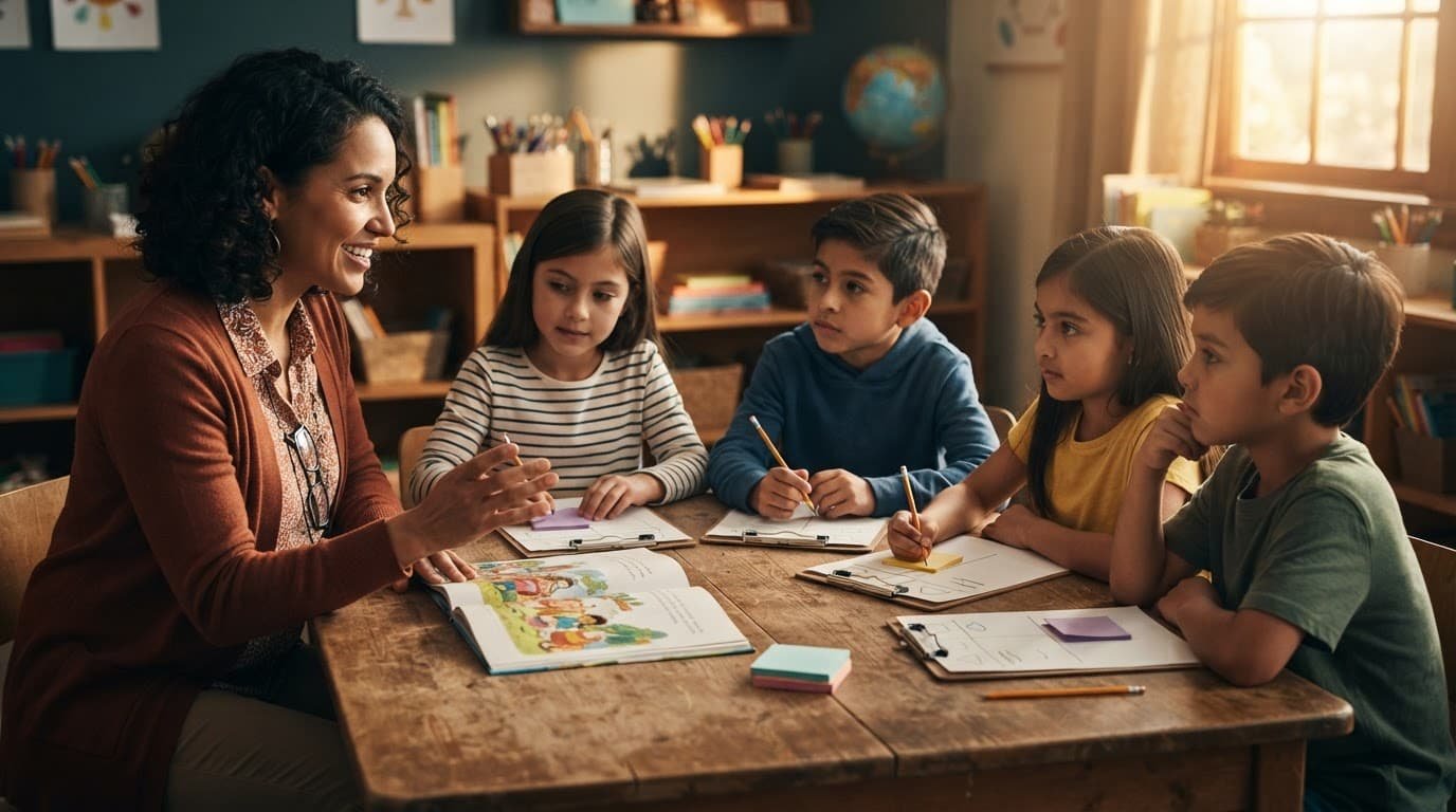A teacher guides four students discussing a picture book around a classroom table.