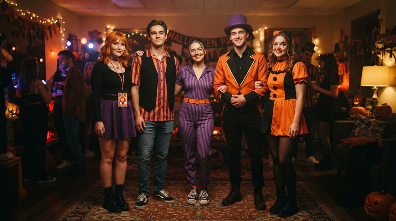 Five friends in coordinated retro carnival costumes pose at a Halloween party.