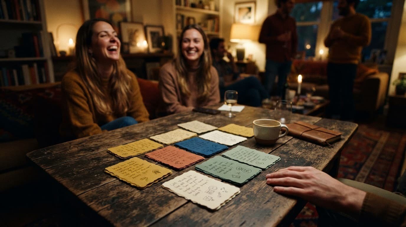 Colorful conversation cards on a wooden table with laughing friends in the background.