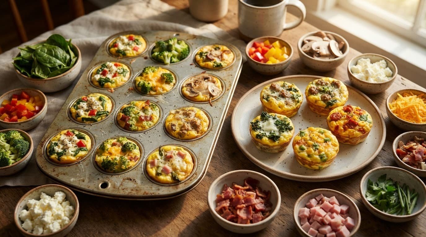 Twelve colorful egg bites sit in a muffin pan and on a ceramic plate.