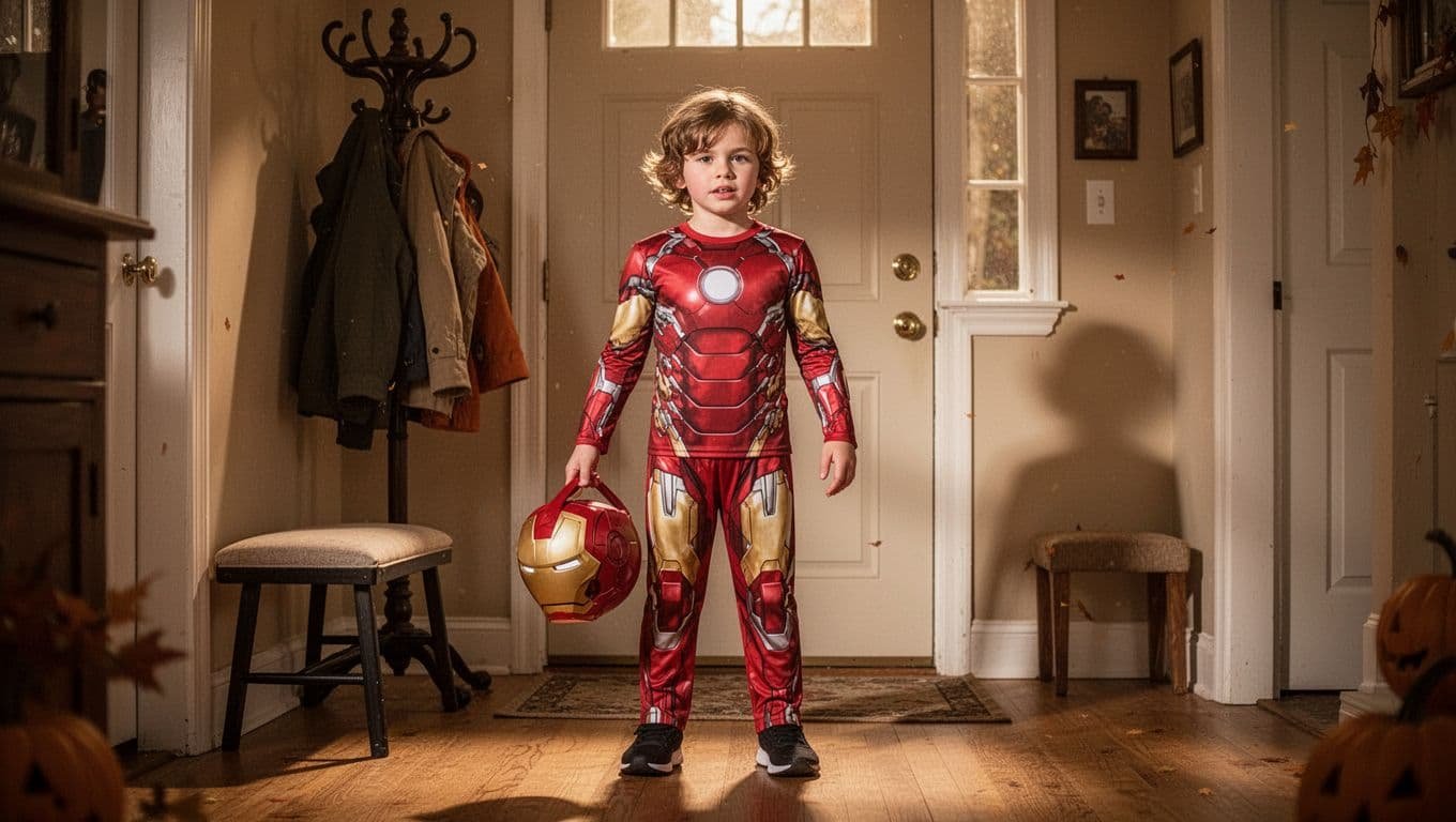 Child in a red-and-gold costume holding a helmet in a warm home entryway.