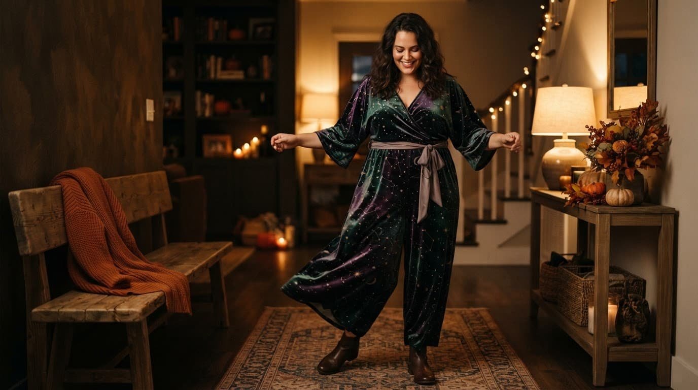 A plus-size adult models a comfortable Halloween jumpsuit beside a cardigan in a warm entryway.
