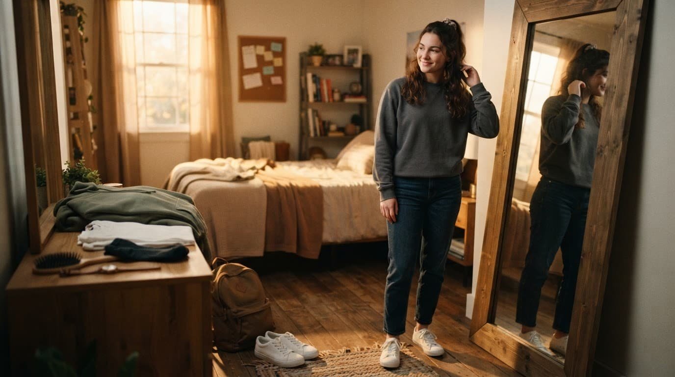 Student choosing a school outfit beside a mirror in a tidy bedroom.
