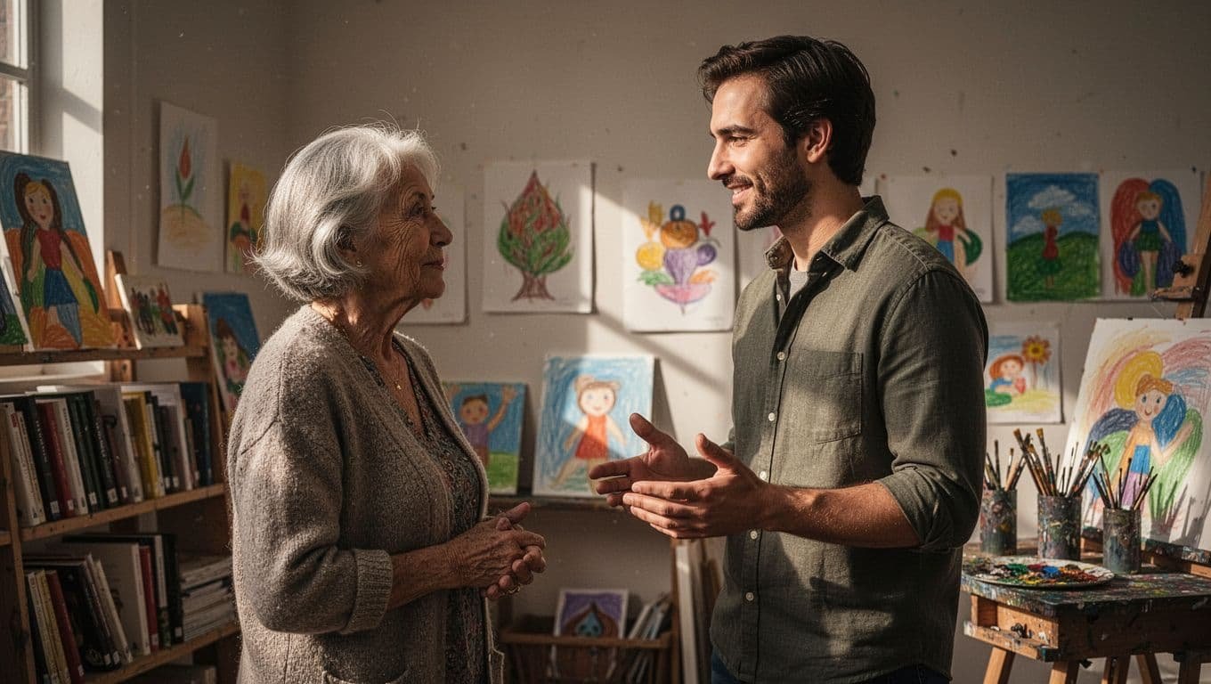 An older woman and younger man talk beside books and art supplies at a community art event.