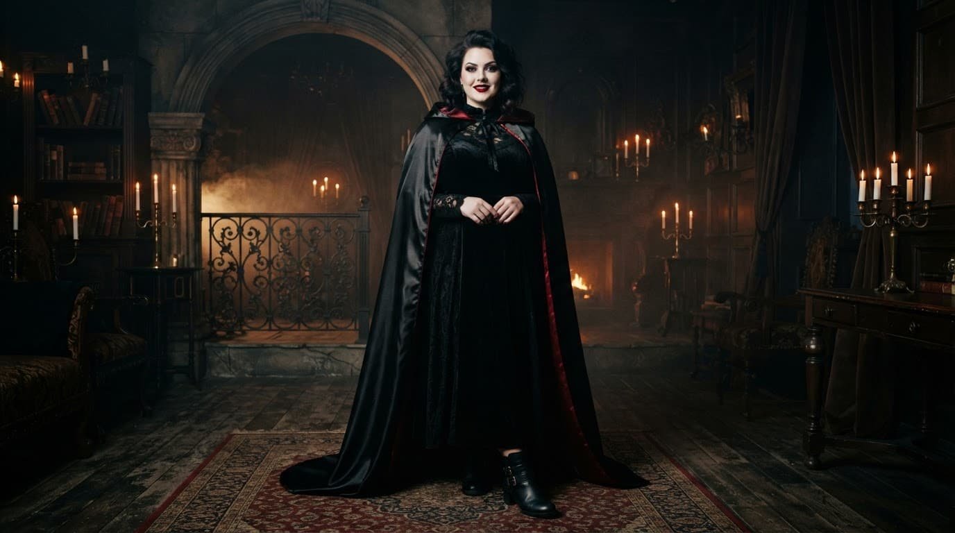A woman in a black vampire costume stands in a candlelit room with light fog.