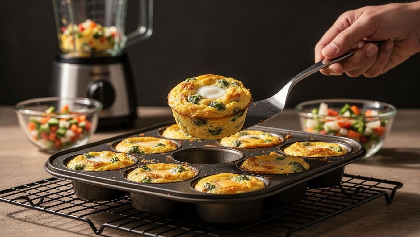 A warm egg bite is lifted from a muffin pan beside other bites.