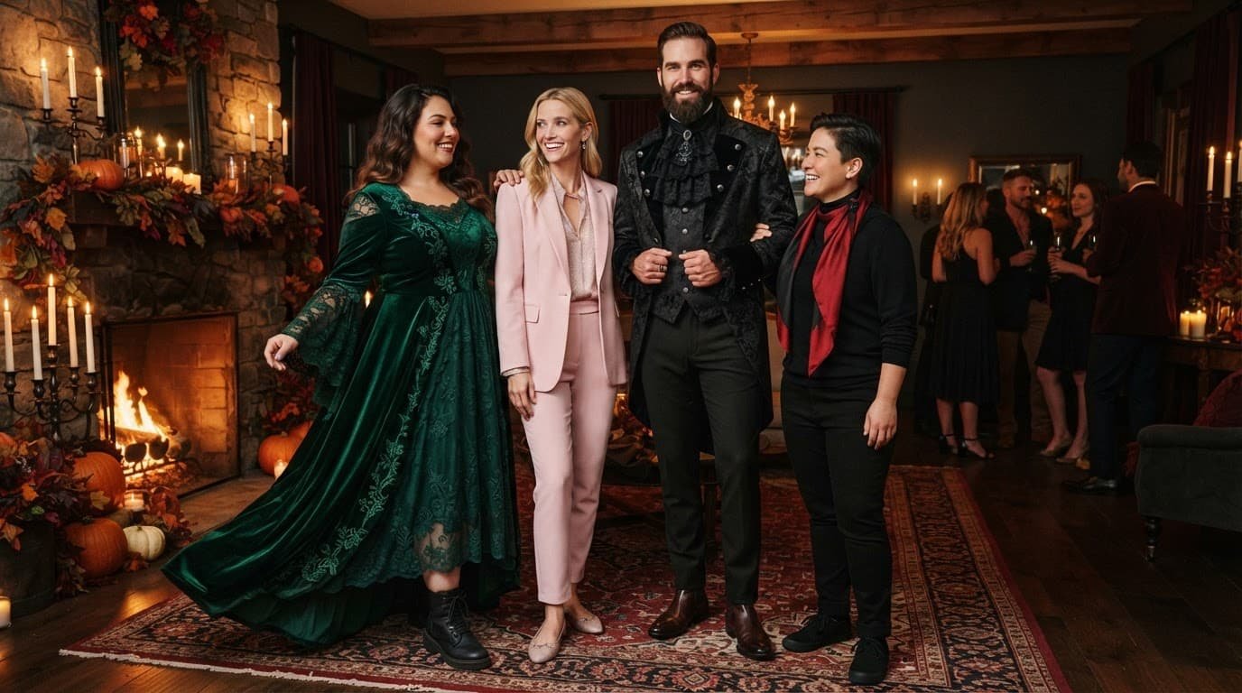 Four adults wear coordinated Halloween costumes at a warm candlelit gathering.