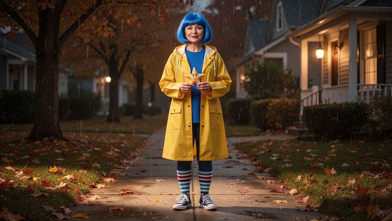 Woman in a yellow raincoat and blue wig standing on a rainy autumn sidewalk.