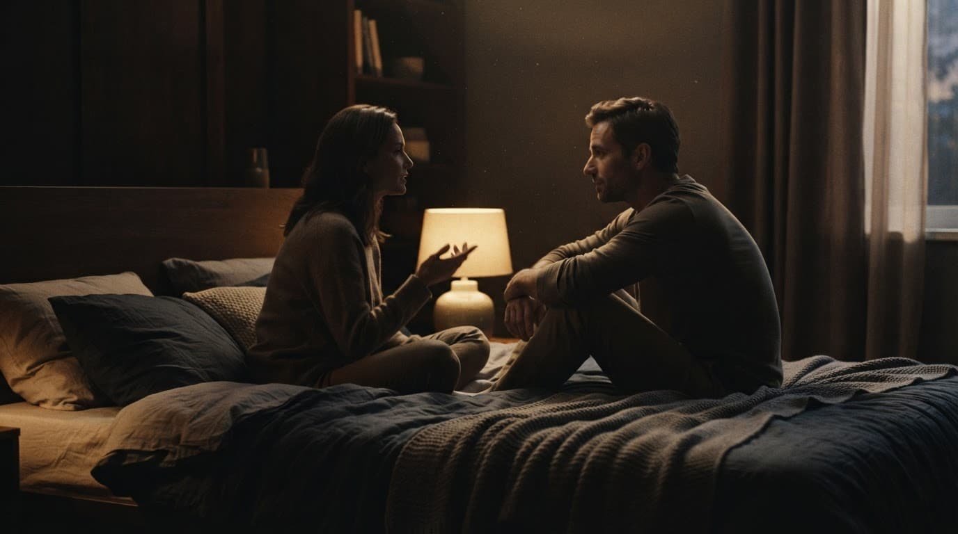 A clothed couple sits together in a dim bedroom, with one partner listening to the other.