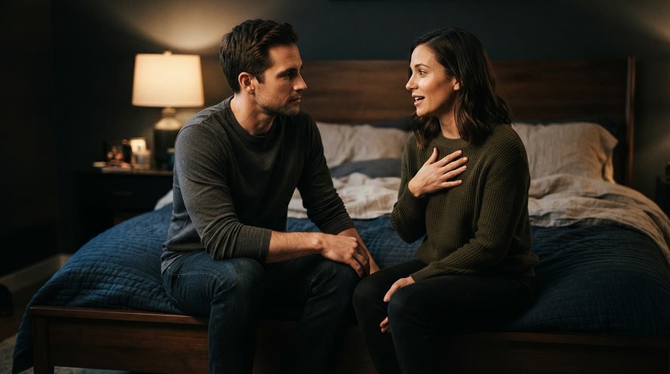 A couple sits on a bed, sharing a quiet and attentive conversation.