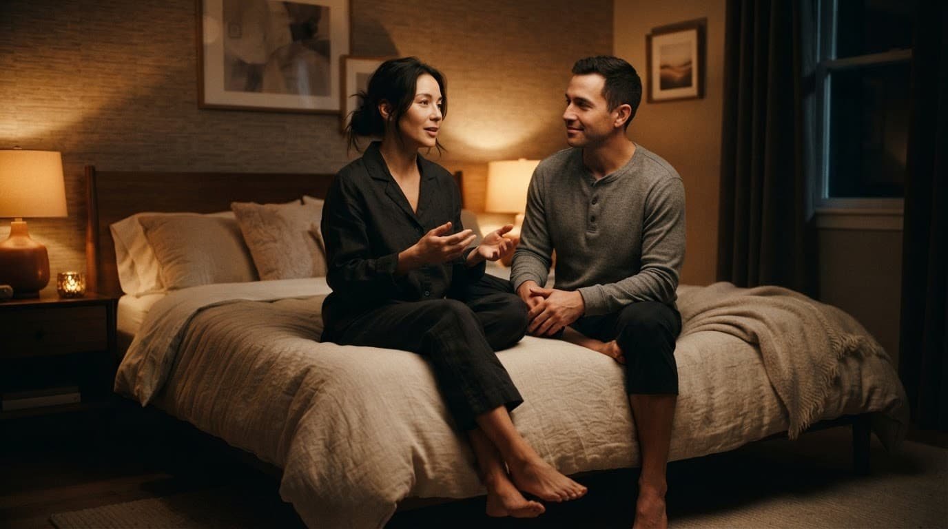 A couple in sleepwear calmly talks together on the edge of a neatly made bed.
