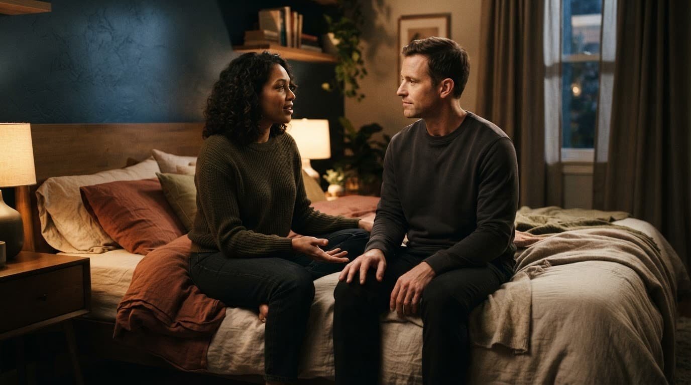 A couple calmly talking together on the edge of a bed in a warm bedroom.
