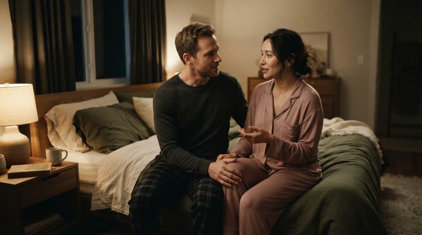 A couple in sleepwear talks quietly together on a bed.