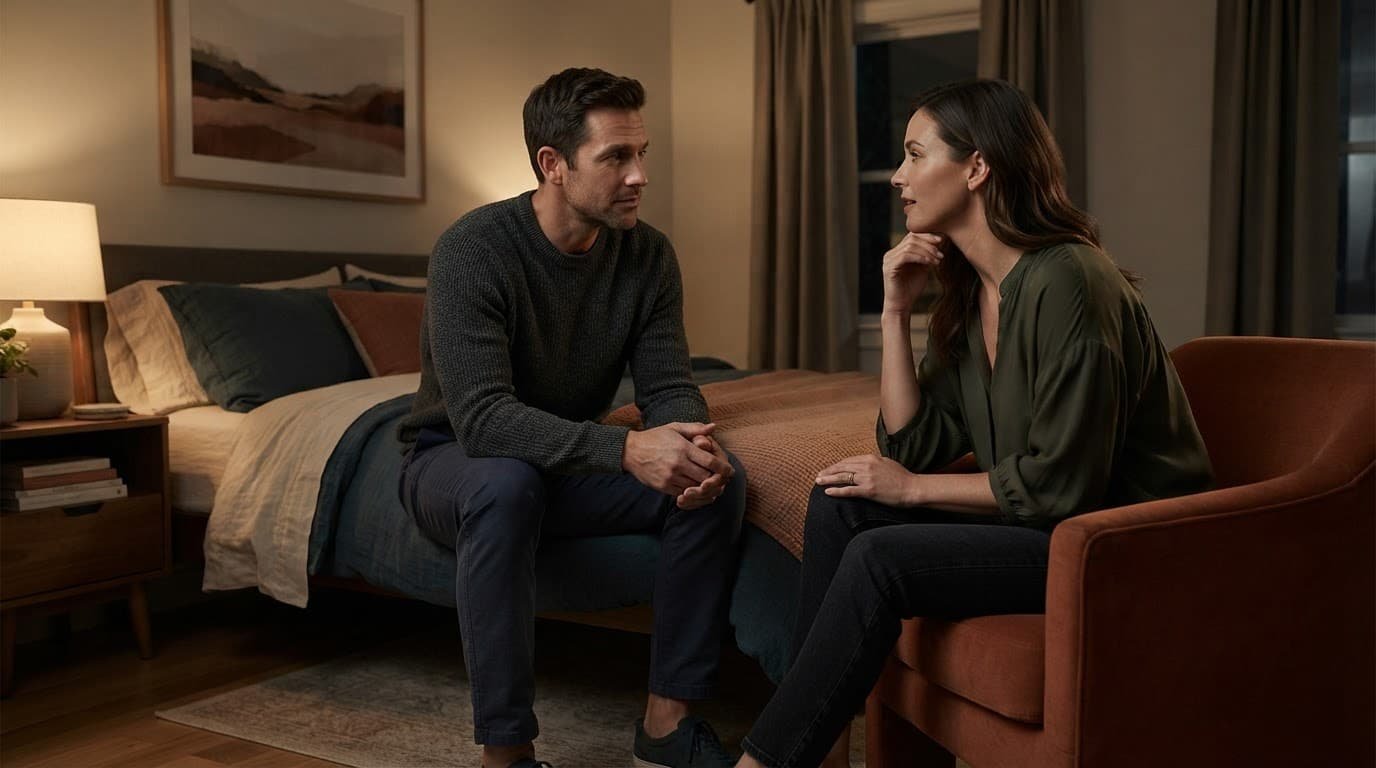 An adult couple sits apart on a bed, talking calmly in warm bedroom light.
