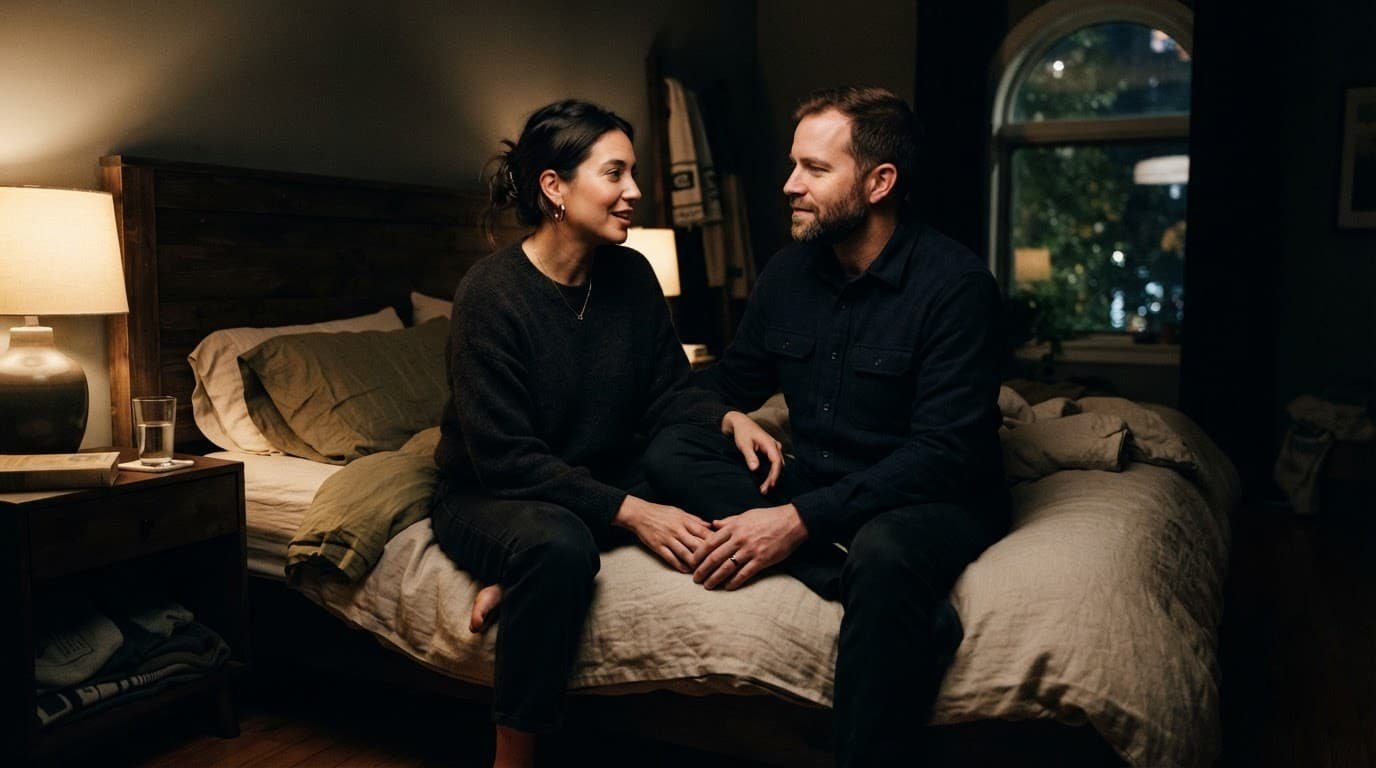 A fully clothed couple calmly talking together on a bed.