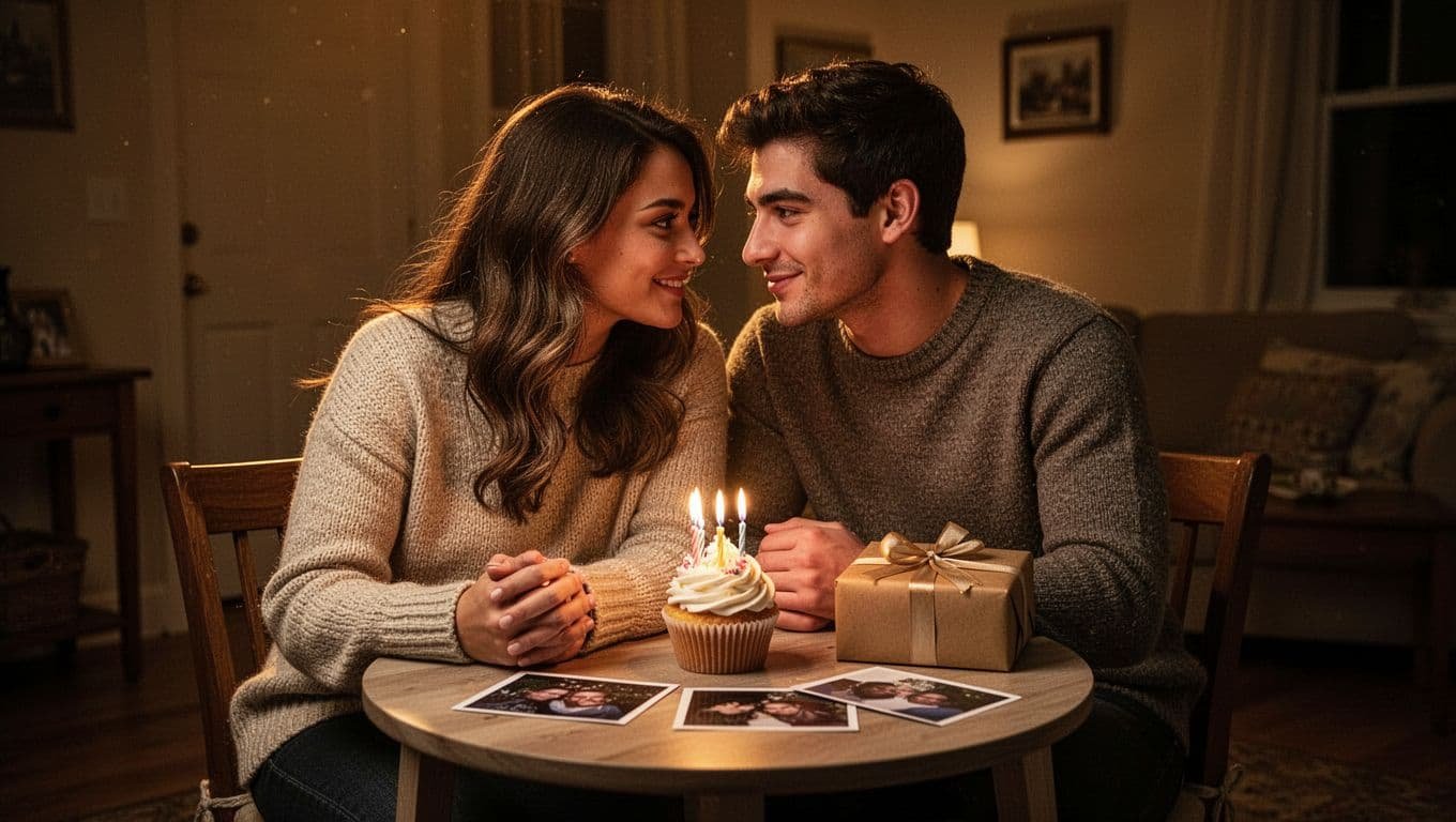 A couple shares a birthday moment with photos, a cupcake, and a gift at home.