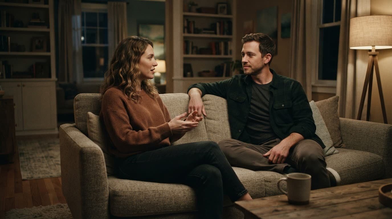 A couple sits on a sofa, talking calmly in a warmly lit living room.
