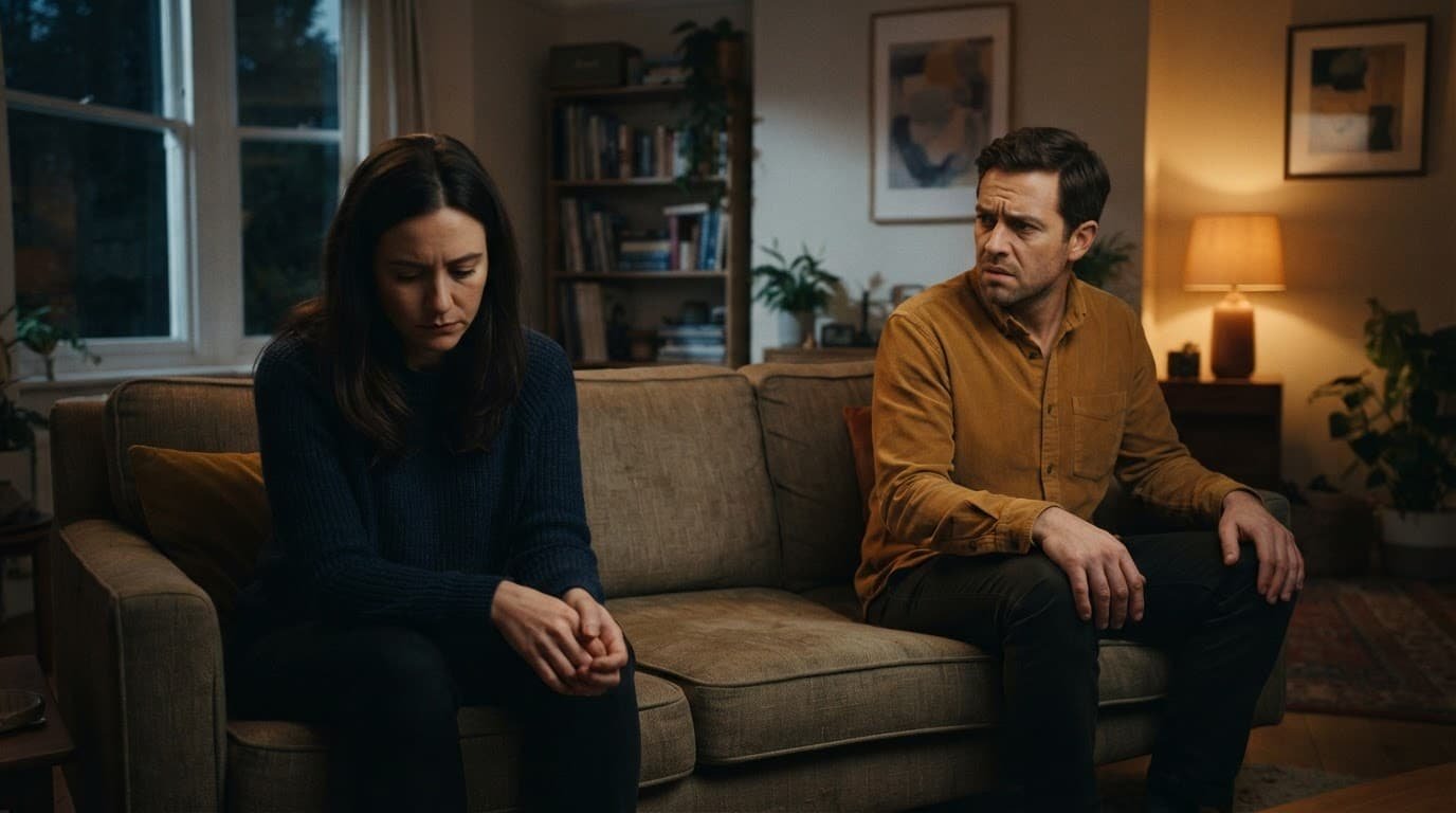 A sad couple sits apart in a dim living room, with one looking down and the other appearing worried.