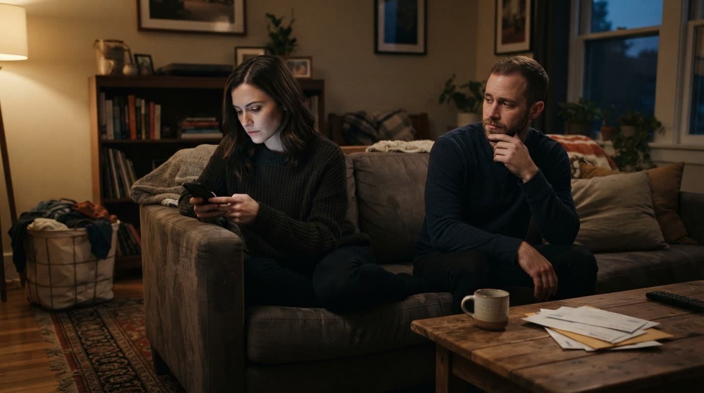 A couple sits apart as one looks at a phone and the other watches with concern.