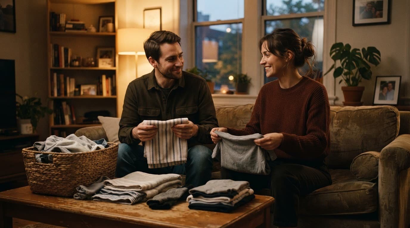 A couple folds laundry together in a warmly lit living room.