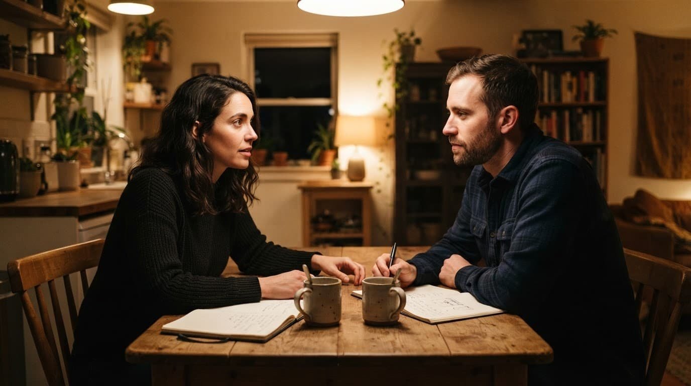 A couple discusses their future at a kitchen table with notebooks and coffee.