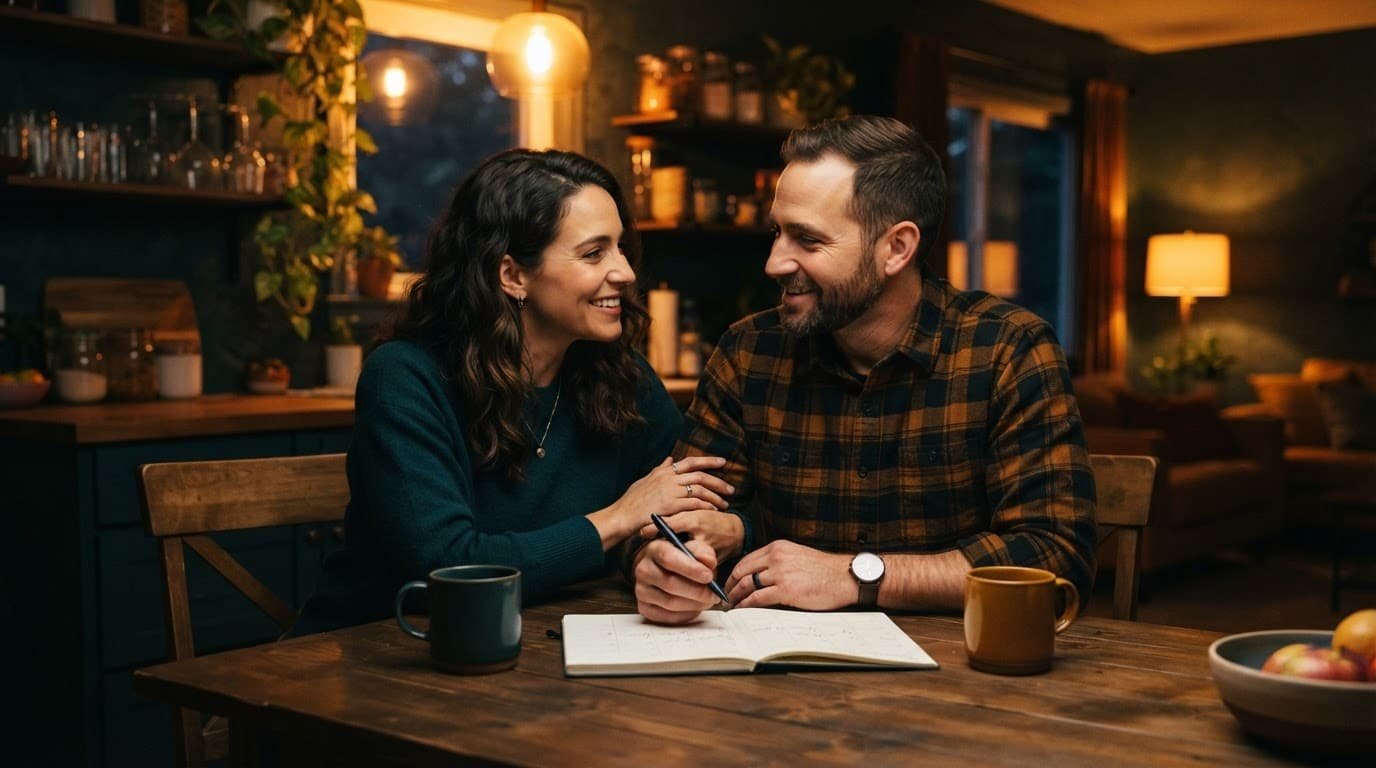 A couple reviews a calendar over coffee at a warmly lit kitchen table.