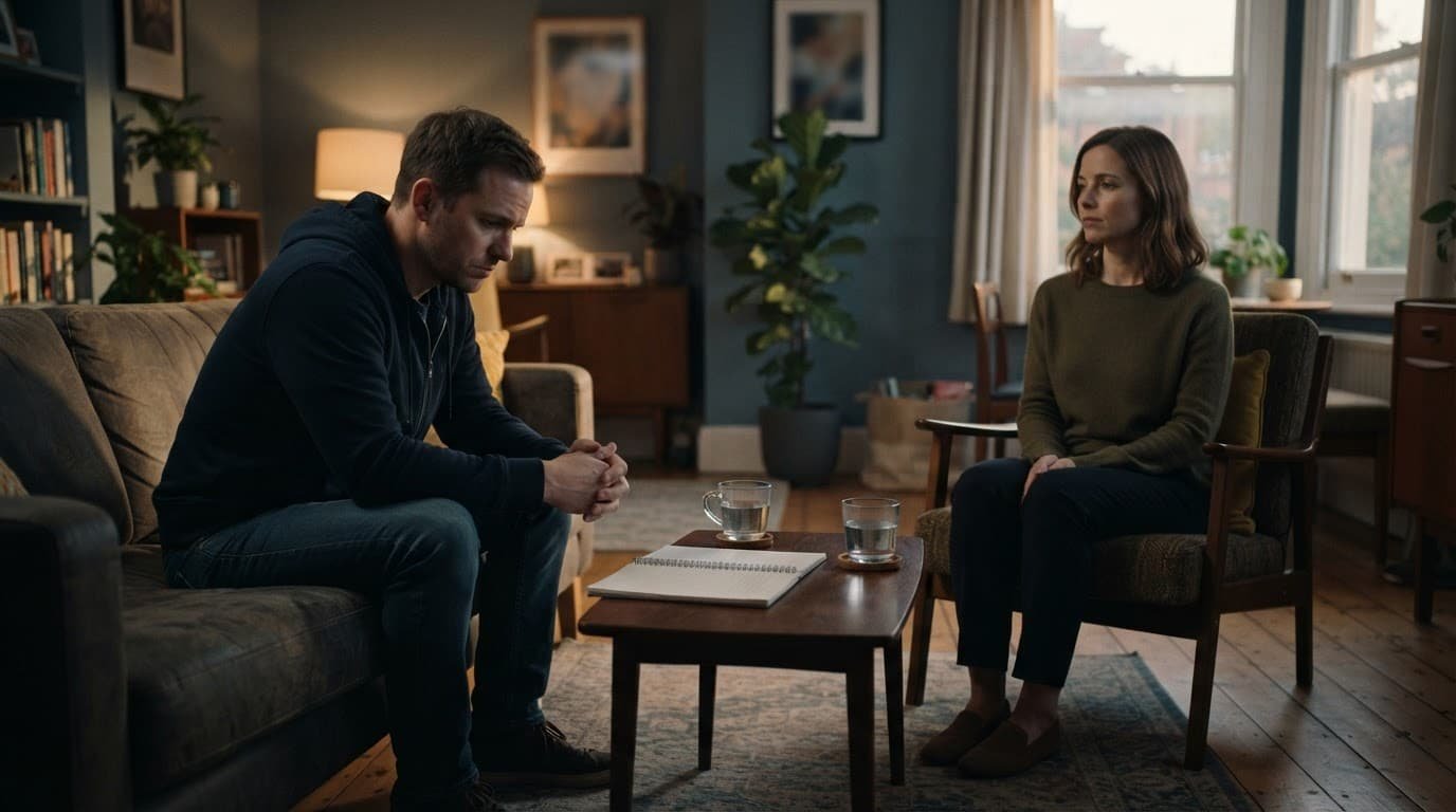 A tense couple sits apart with water cups and a notebook between them.