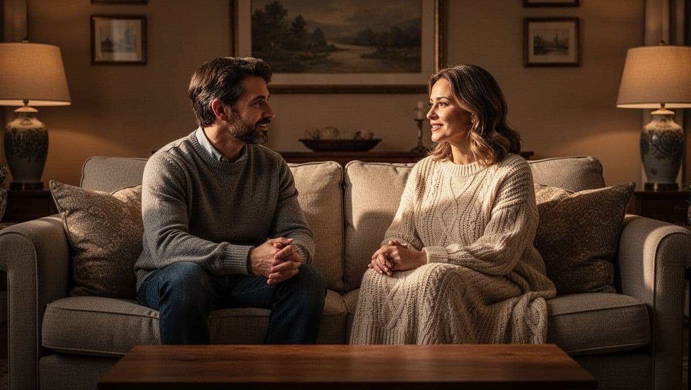 A couple sits close on a sofa, sharing a calm and caring conversation.
