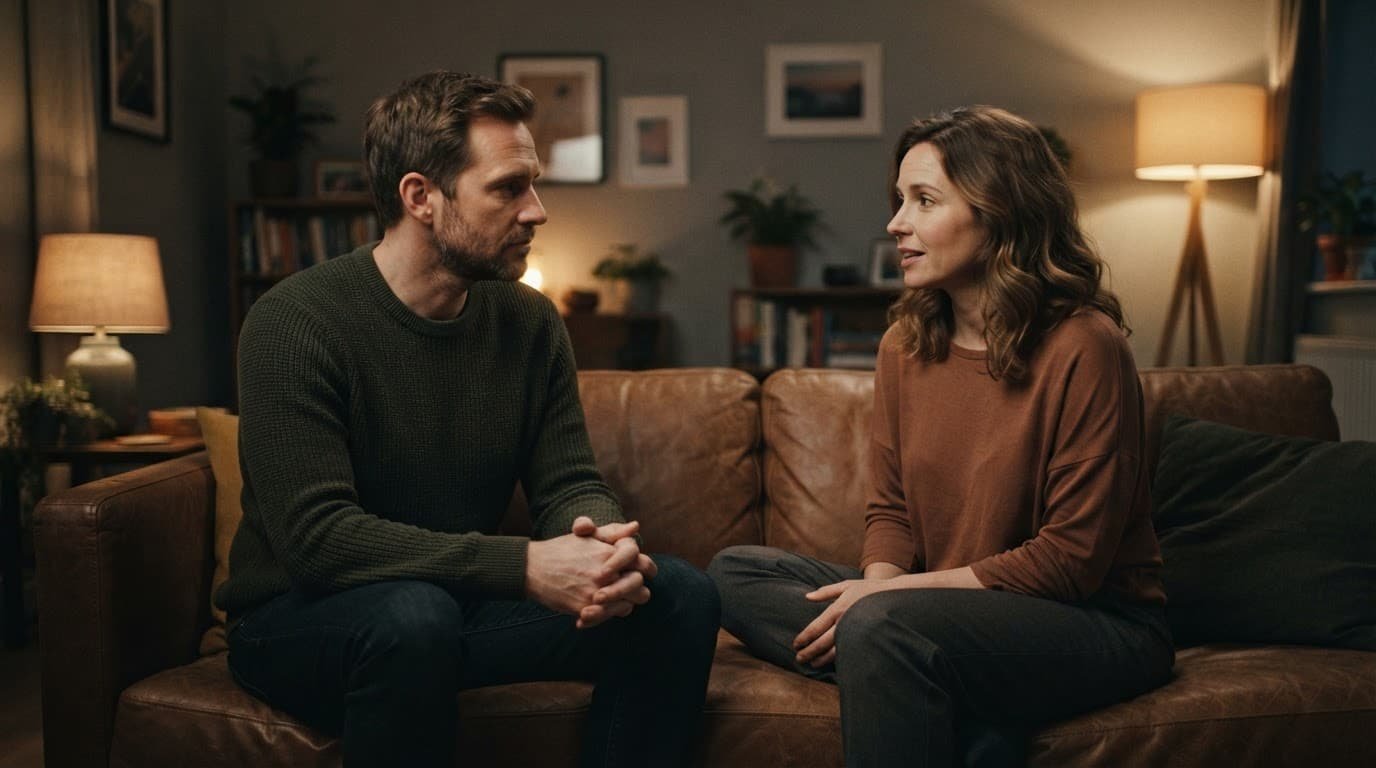 A couple sits on a sofa having a calm, serious conversation.