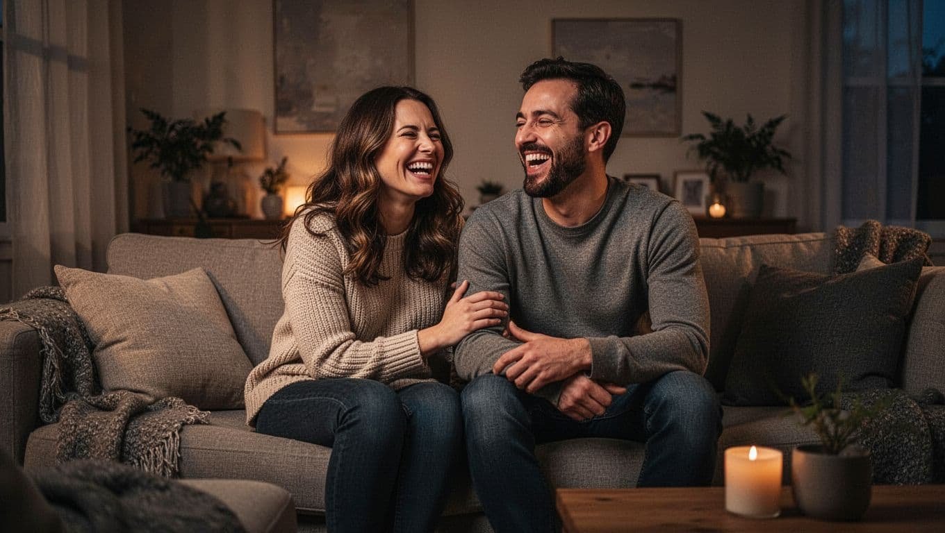 A couple laughing together on a sofa in a warmly lit living room.