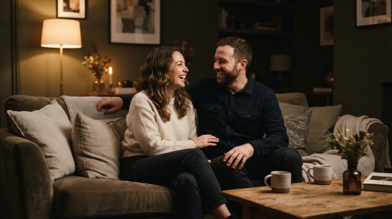 A couple laughing together on a sofa in a warmly lit living room.