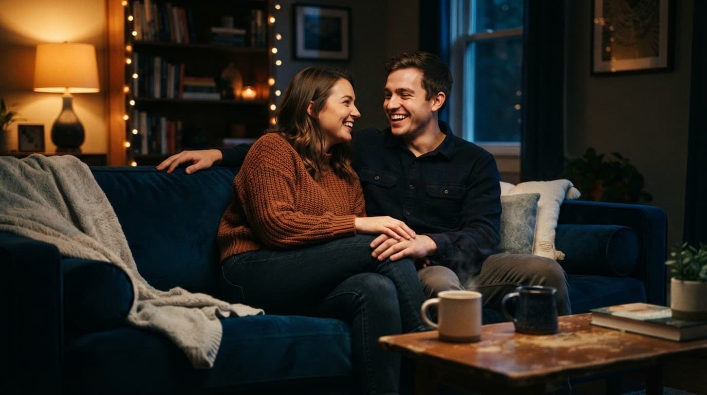 A couple talks affectionately on a sofa beside two mugs.