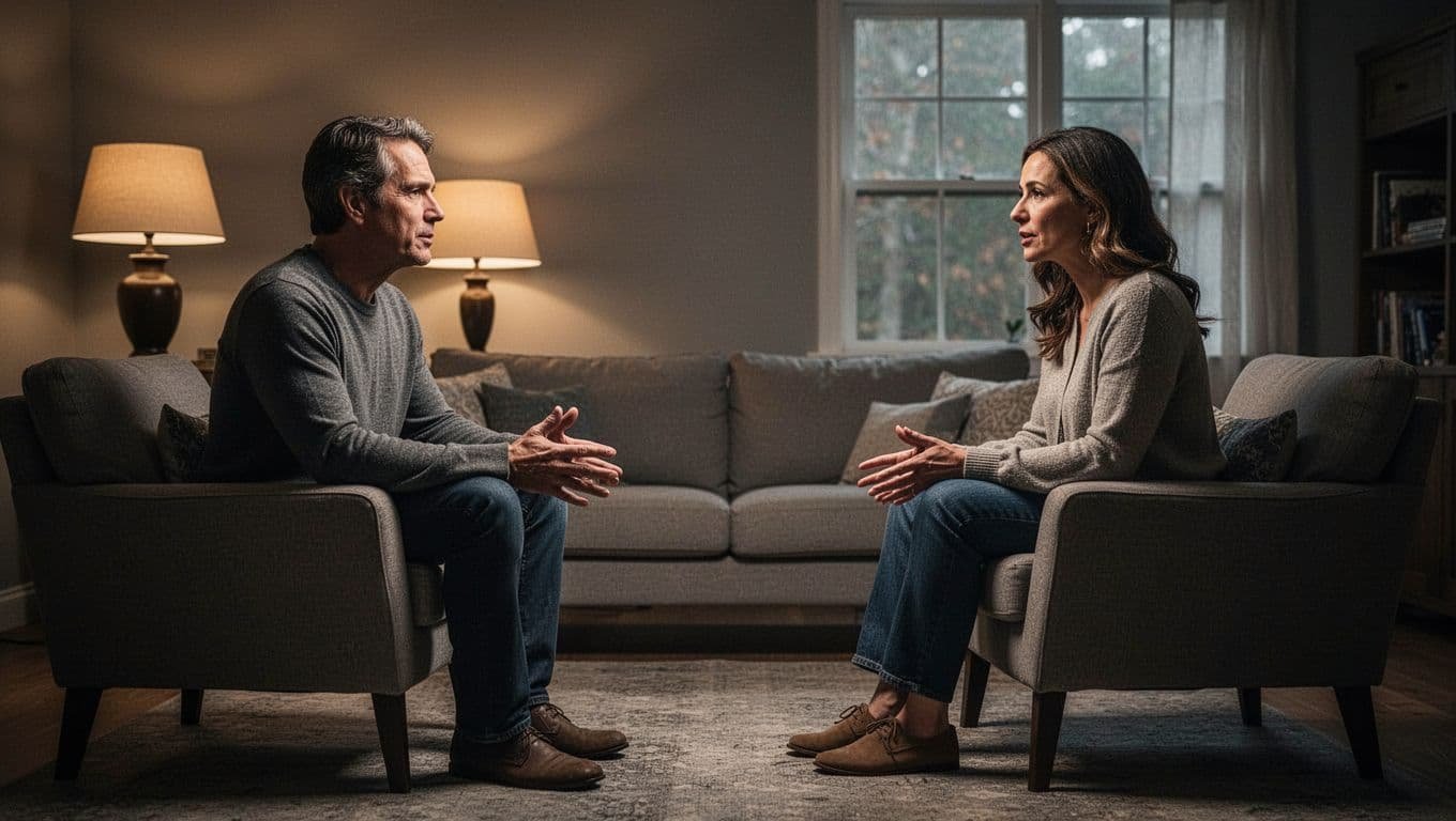 A couple sits together in a warmly lit living room.