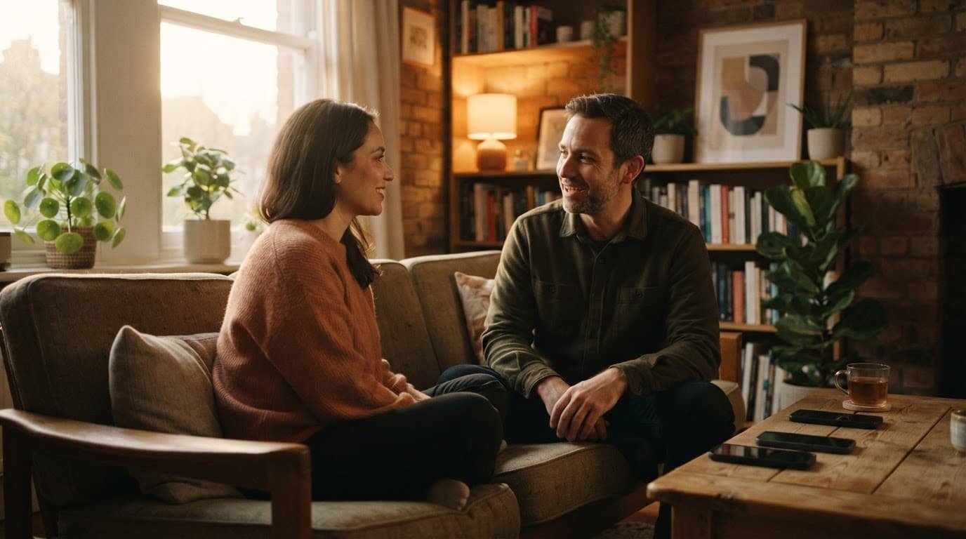 A couple talks on a sofa while their phones sit on a nearby table.