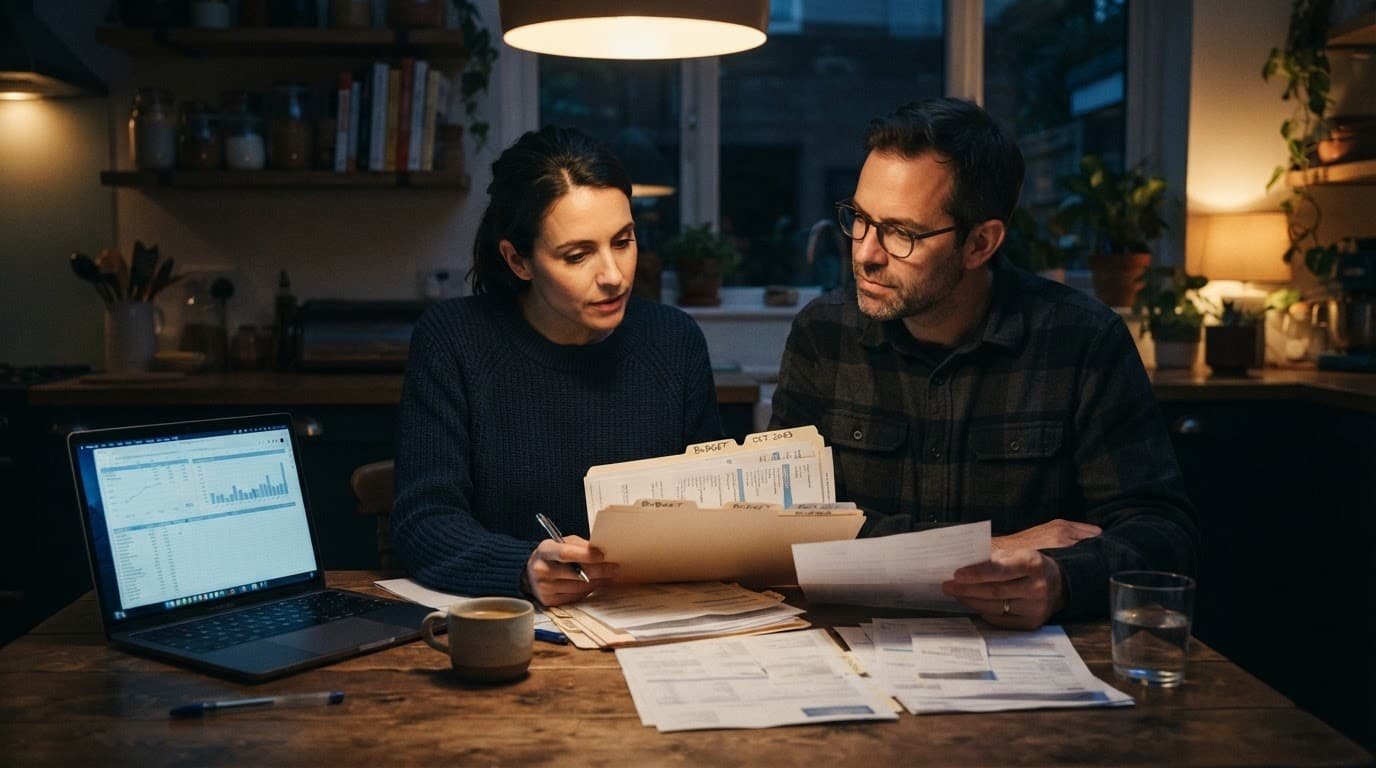 A married couple reviews finances together at a kitchen table with a folder and laptop.
