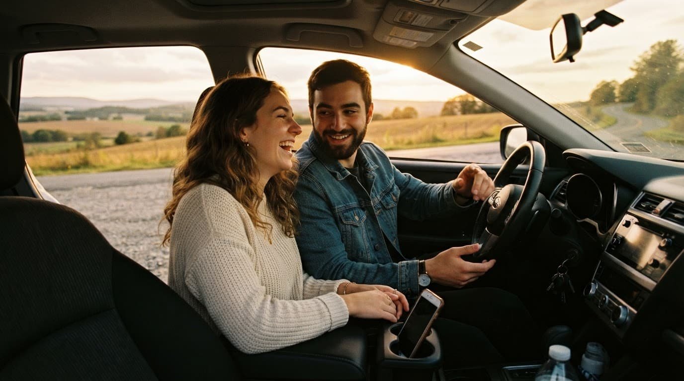 A couple laughs together in the front seats of a parked car at sunset.