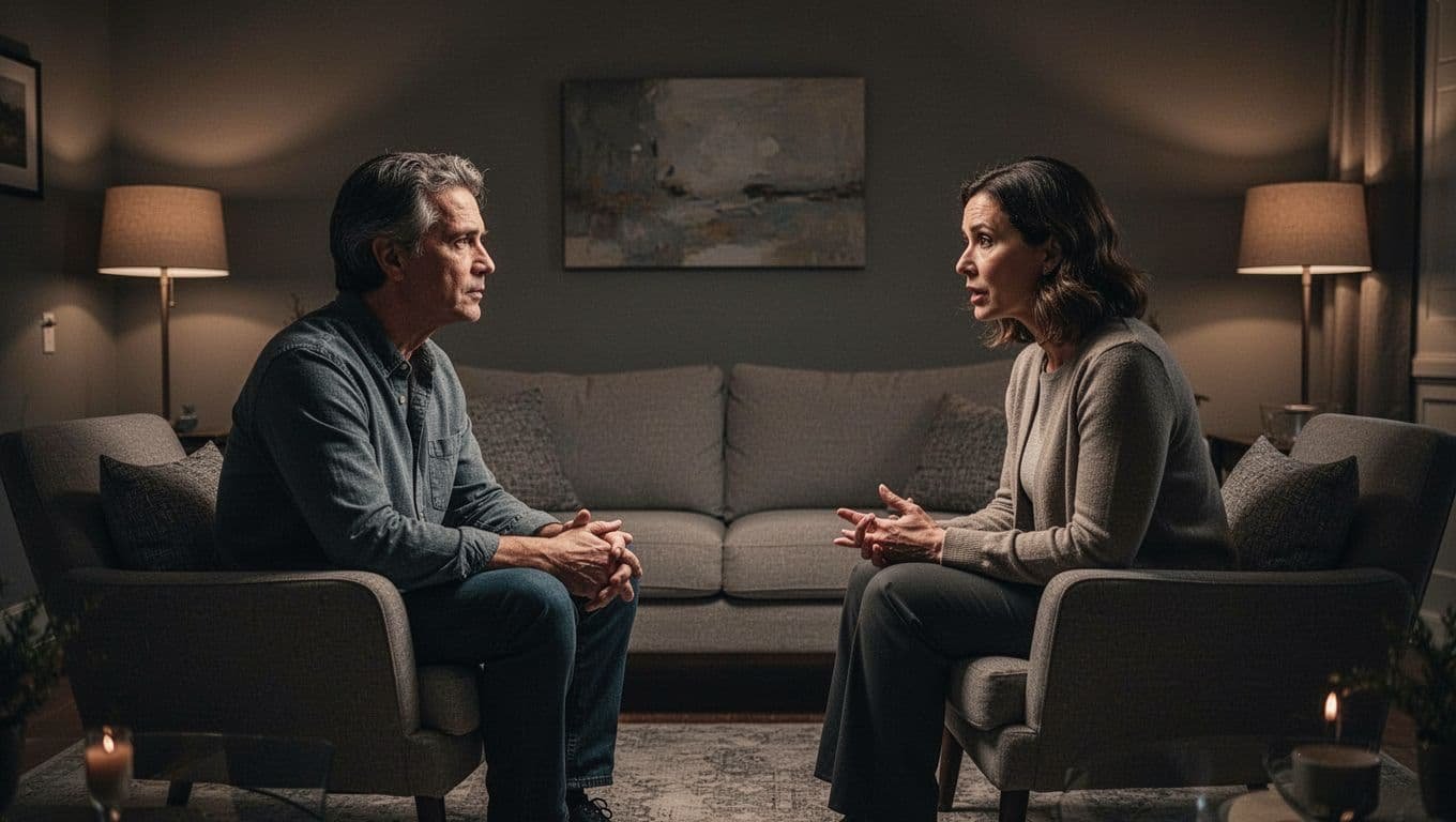 A couple sits across from each other during a serious conversation in a warm living room.