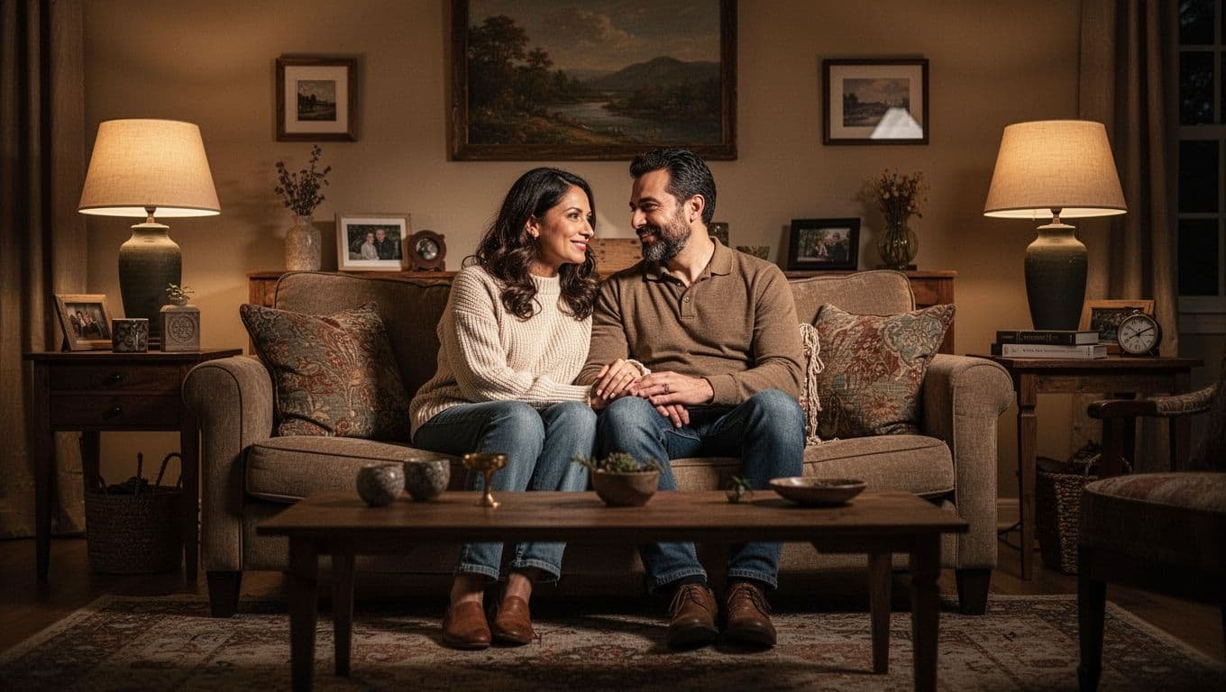 A married couple smiles together on a sofa in their warmly lit living room.