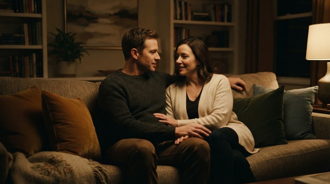 A couple sits close on a sofa, talking gently in a warmly lit living room.