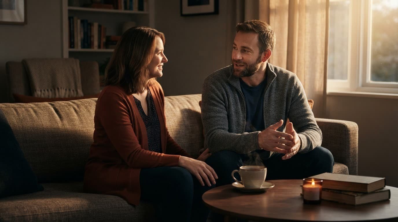 A married couple talks quietly on a sofa beside a cup of tea.