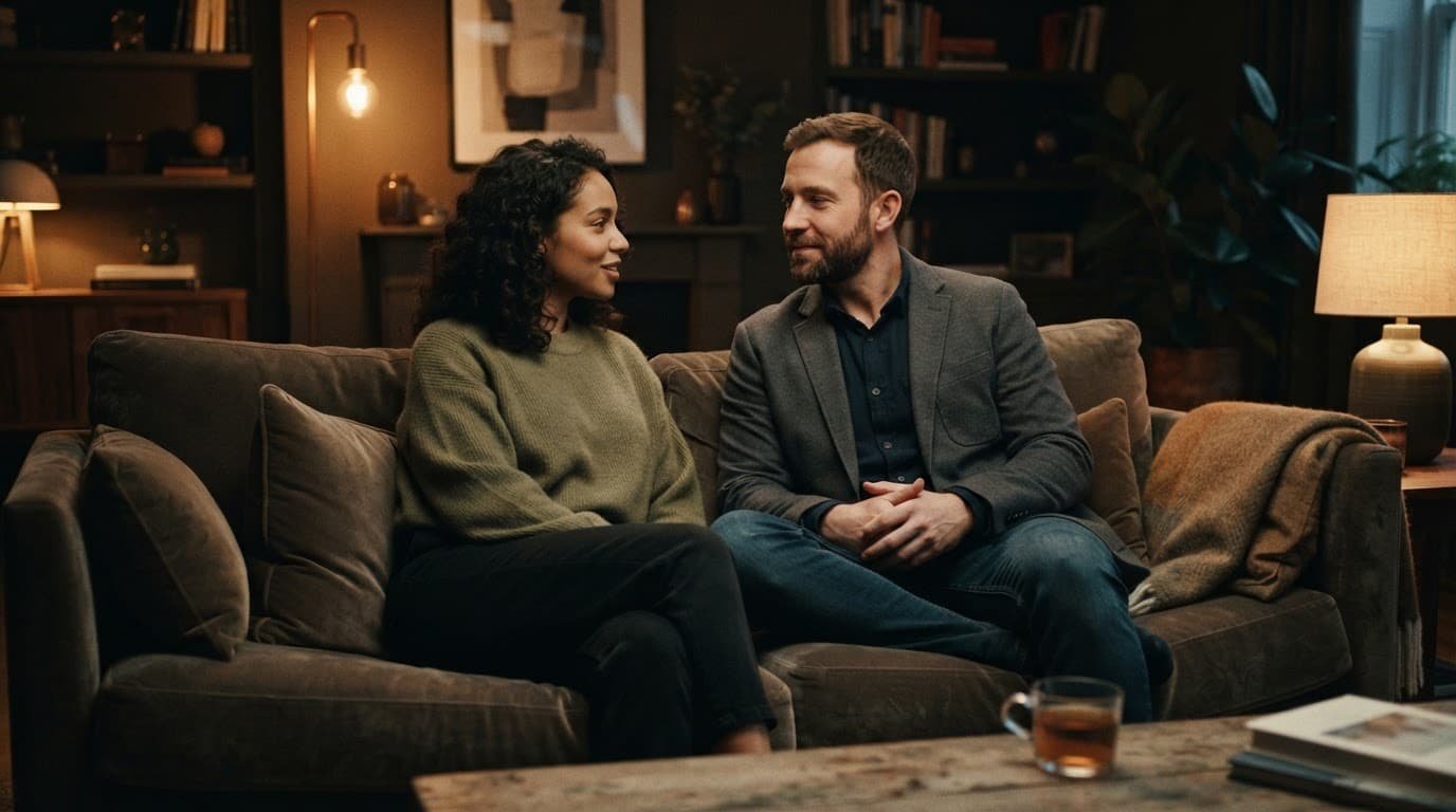 A couple sits together on a sofa in a warmly lit living room.